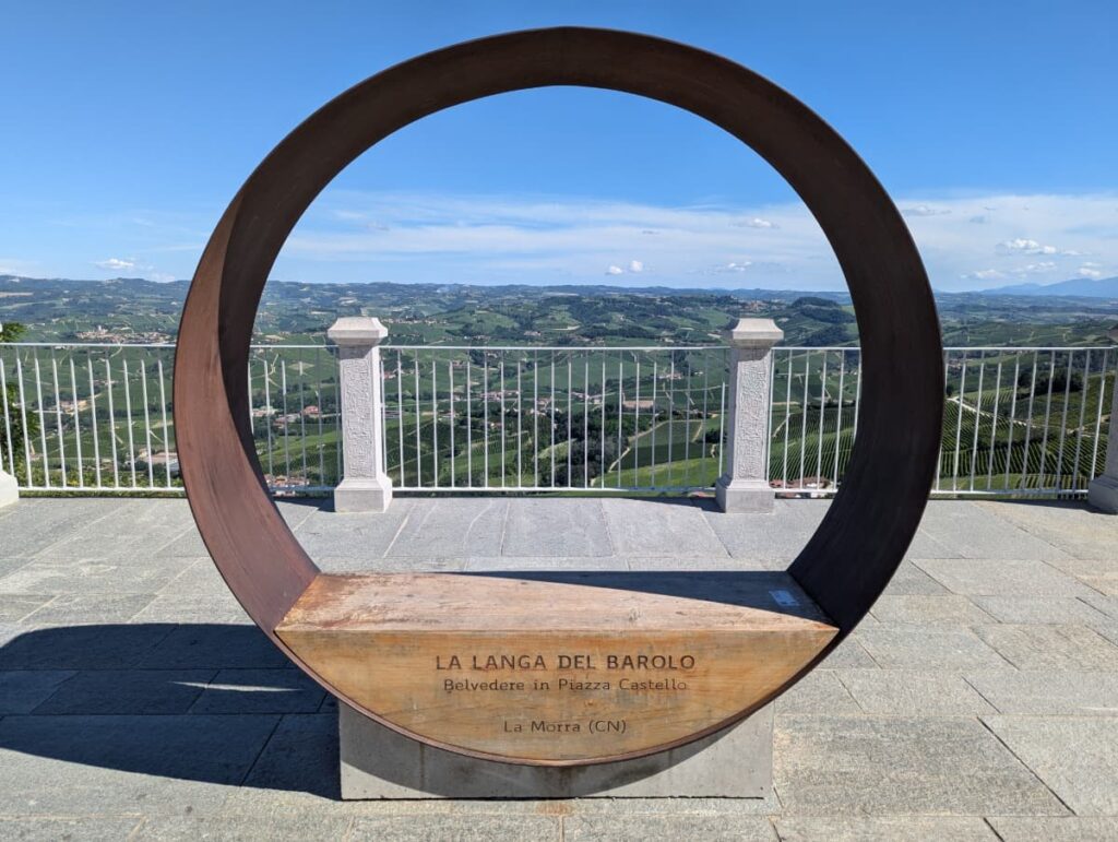 The Barolo vineyards stretch across the rolling Langhe hills below the Belvedere in La Morra, making this panoramic viewpoint an easy highlight to include in a Piedmont Italy itinerary.